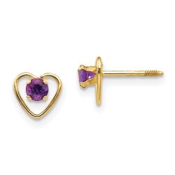 Minnie Pop 14k Madi K 3mm Genuine Amethyst Birthstone Heart Earrings