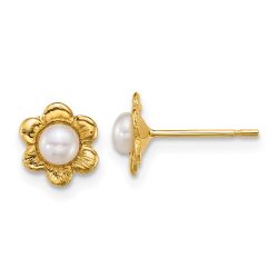Duckling Bean 14k Madi K Polished 3-4mm Button White Freshwater Cultured Pearl Flower Post Earrings