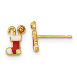 Sunny Glow 14k Madi K Polished Enameled Christmas Stocking with Candy Childrens Post Earrings