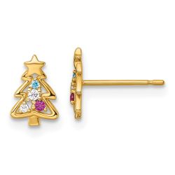 Clover Shine 14k Madi K Polished Created Ruby and CZ Christmas Tree Childrens Post Earrings