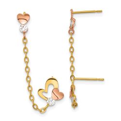Bumble 14k Madi K Two-tone CZ Double Post w/Chain Heart Earring
