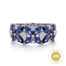 14K White Gold Diamond and Blue Sapphire Floral Wide Band Ring