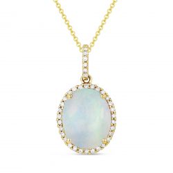 Front View Opal and Diamond Pendant with Chain in Yellow Gold