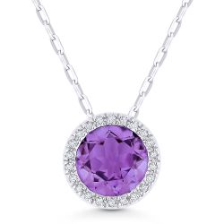 Front View Amethyst and Diamond Pendant with Chain in White Gold