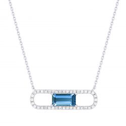 Front View Swiss Blue Topaz and Diamond Pendant with Chain in White Gold