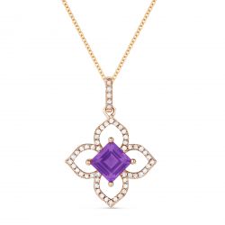 Front View Amethyst and Diamond Pendant with Chain in Rose Gold