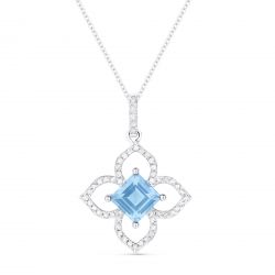 Front View Blue Topaz and Diamond Pendant with Chain in White Gold