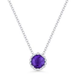 Front View Amethyst and Diamond Pendant with Chain in White Gold