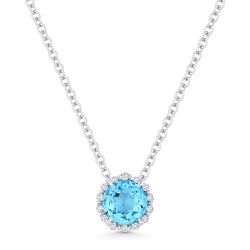 Front View Blue Topaz and Diamond Pendant with Chain in White Gold