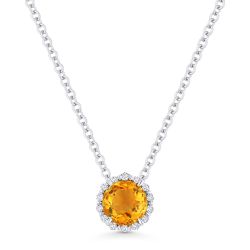 Front View Citrine and Diamond Pendant with Chain in White Gold