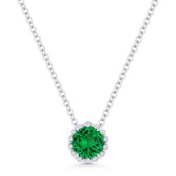 Front View Created Emerald and Diamond Pendant with Chain in White Gold
