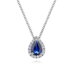 18 inch 14K White Gold Pear Shaped Sapphire and Diamond Halo Pendant Necklace