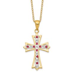 Bright Cascade Ruby Rose Diamond Fascination Diamond Mystique Sterling Silver 18K Gold-plated Diamond and Ruby Cross 18 Inch Necklace