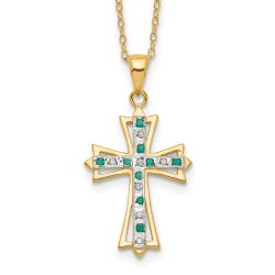 Sculpted Halo Diamond Fascination Diamond Mystique Sterling Silver 18K Gold-plated Diamond and Emerald Cross 18 Inch Necklace