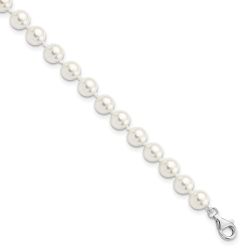 Thorne Majestik Sterling Silver Rhodium-plated 7-8mm Imitation Shell Pearl and CZ 8.5 inch Anklet with 2 inch Extender