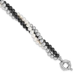 Quinn Majestik Sterling Silver Rhodium-plated 3 Row 4-5mm White Grey Black Imitation Shell Pearl Hand-knotted Bracelet