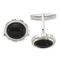 Zevora Sterling Silver Polished Round with Textured Sides Onyx Cuff Links
