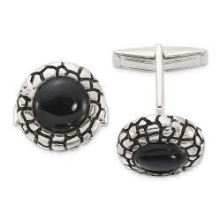 Viora Sterling Silver Polished Round Onyx with Enamel Cuff Links