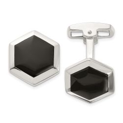 Cadenza Sterling Silver Polished Onyx Hexagon Cuff Links