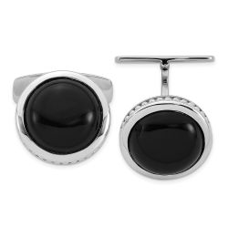 Orion Sterling Silver Rhodium-plated Polished Round Black Onyx Cuff Links