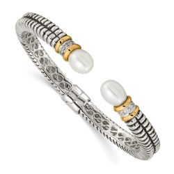 Evelisse Shey Couture Sterling Silver with 14K Accent Antiqued 10x7.5mm Freshwater Cultured Pearl and Diamond Hinged Cuff Bracelet