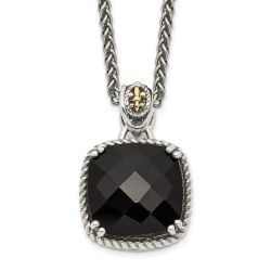 Timeless Zephyr Shey Couture Sterling Silver with 14K Accent 18 Inch Antiqued Checkerboard-cut Black Onyx Necklace
