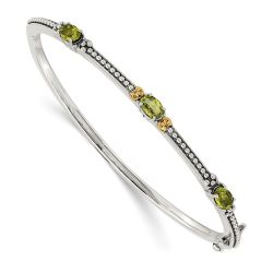 Evadne Shey Couture Sterling Silver with 14K Accent Antiqued Oval Peridot Hinged Bangle