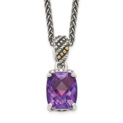 Sunlit Star Shey Couture Sterling Silver with 14K Accent 18 Inch Antiqued Diamond and Checkerboard-cut Cushion Amethyst Necklace