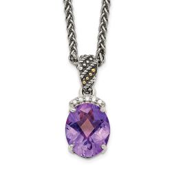 Autumn Lotus Shey Couture Sterling Silver with 14K Accent 18 Inch Antiqued Checkerboard-cut Oval Amethyst and Diamond Necklace