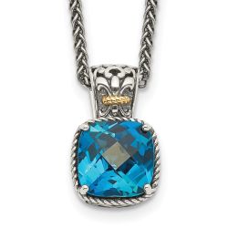 Graceful Ridge Shey Couture Sterling Silver with 14K Accent 18 Inch Antiqued Cushion London Blue Topaz Necklace