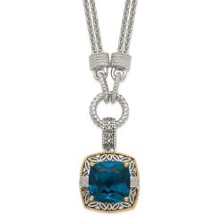 Moonlit Lily Shey Couture Sterling Silver with 14K Accent 17 Inch Antiqued Cushion London Blue Topaz and Diamond Plus 1in. Ext. Necklace