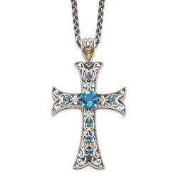 Cool Sun Shey Couture Sterling Silver with 14K Accent 18 Inch Antiqued Round London Blue Topaz Cross Necklace