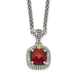 Emerald Garden Shey Couture Sterling Silver with 14K Accent 18 Inch Antiqued Checkerboard Bezel Garnet Necklace