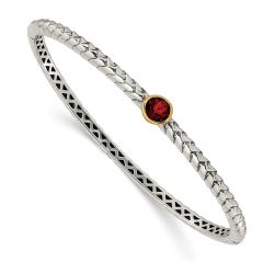 Amara Shey Couture Sterling Silver with 14K Accent Antiqued Round Bezel Garnet Bangle Bracelet