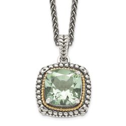 Bright Halo Shey Couture Sterling Silver with 14K Accent 18 Inch Antiqued Cushion Green Quartz Necklace