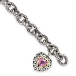 Ophira Shey Couture Sterling Silver with 14K Accent 7.5 Inch Antiqued Heart Bezel Created Pink Sapphire Heart Charm Bracelet