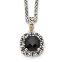 Golden Laurel Shey Couture Sterling Silver with 14K Accent 18 Inch Antiqued Checkerboard-cut Black Onyx Necklace