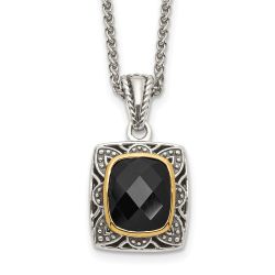 Shey Couture Sterling Silver 14K Accent 18 Inch Antiqued Checkerboard-cut Black Onyx Necklace