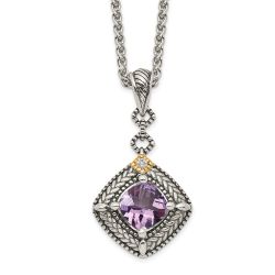 Autumn Solstice Lustrous Dahlia Shey Couture Sterling Silver with 14K Accent 18 Inch Antiqued Cushion Amethyst and Diamond Necklace