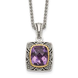 Bright Wren Classic Lily Shey Couture Sterling Silver with 14K Accent 18 Inch Antiqued Checkerboard-cut Cushion Bezel Amethyst Necklace
