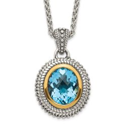 Graceful Aria Shey Couture Sterling Silver with 14K Accent 18 Inch Antiqued Oval Bezel Light Swiss Blue Topaz Necklace