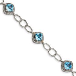 Amara Shey Couture Sterling Silver with 14K Accent 7.5 Inch Antiqued Cushion Light Swiss Blue Topaz Bracelet