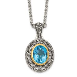 Warm Jasmine Shey Couture Sterling Silver with 14K Accent 18 Inch Antiqued Light Swiss Blue Topaz Oval Necklace