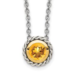 Delicate Opus Shey Couture Sterling Silver with 14K Accent 18 Inch Antiqued Round Bezel Citrine Necklace