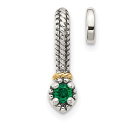 Noble Solstice Polished Camellia Shey Couture Sterling Silver Antiqued with 14k Accent Polished Created Emerald Chain Slide Pendant