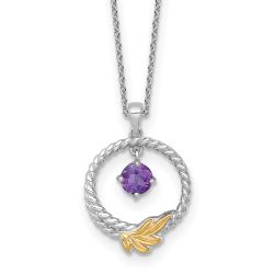 Moonlit Sonata Gleaming River Shey Couture Sterling Silver Rhodium-plated Twisted Circle with 14k Leaf Accent Round Amethyst Dangle 18 inch with 2 inch Extension Necklace