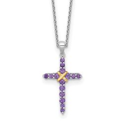 Sapphire Zephyr Shey Couture Sterling Silver Rhodium-plated with 14k -X- Accent Round Amethyst Cross 18 inch with 2 inch Extension Necklace
