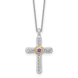 Lustrous Equinox Shey Couture Sterling Silver Rhodium-plated with 14k Accent Round Amethyst Textured Cross 18 inch with 2 inch Extension Necklace
