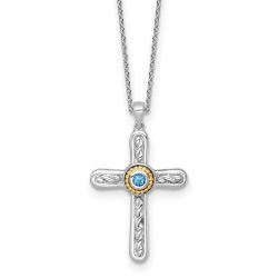 Dawn Mesa Shey Couture Sterling Silver Rhodium-plated with 14k Accent Round London Blue Topaz Textured Cross 18 inch with 2 inch Extension Necklace