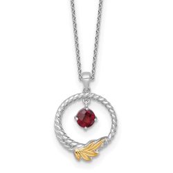 Bright Wren Shey Couture Sterling Silver Rhodium-plated Twisted Circle with 14k Leaf Accent Round Garnet Dangle 18 inch with 2 inch Extension Necklace